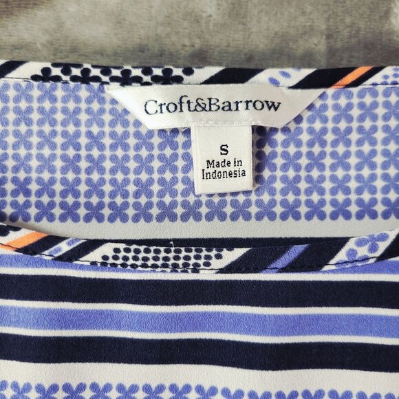 Croft & Barrow‎ Womens Blouse S Blue White Black Striped Geometric 3/4 Sleeve - Picture 2 of 11